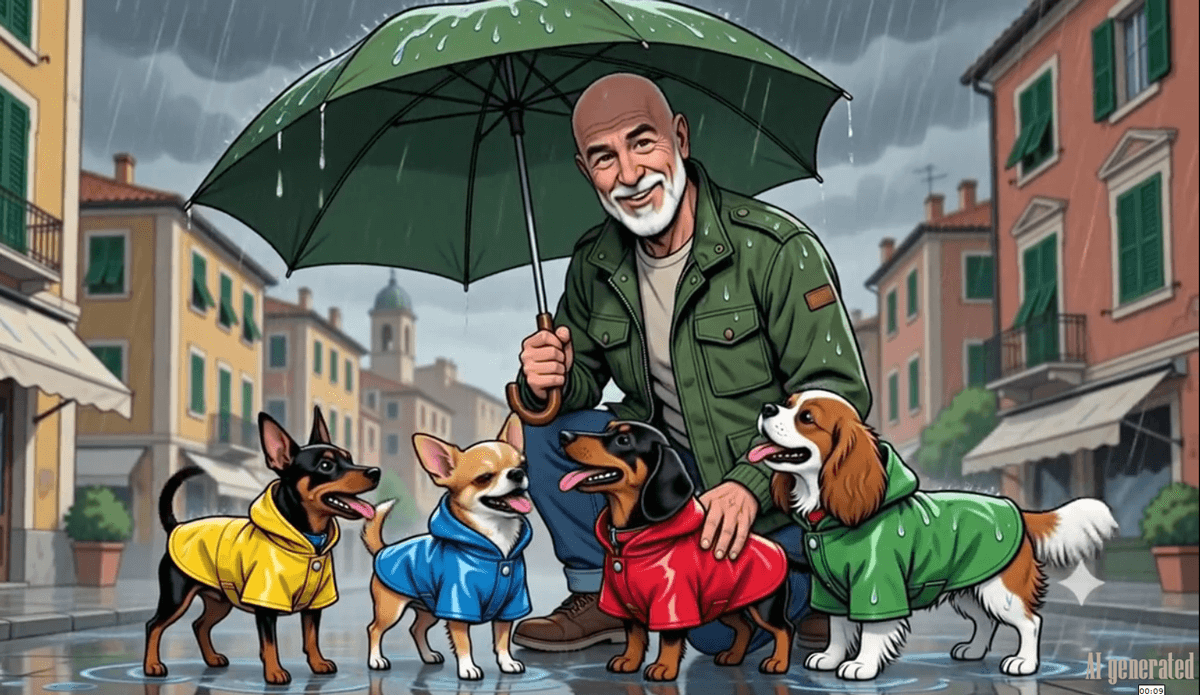 Zio Carlo sotto la pioggia con i suoi cani a Bordighera